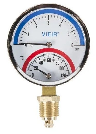 Термоманометр 1/2" 120 C 6 bar с отсечным клапаном радиальный (вертикальный), VIEIR