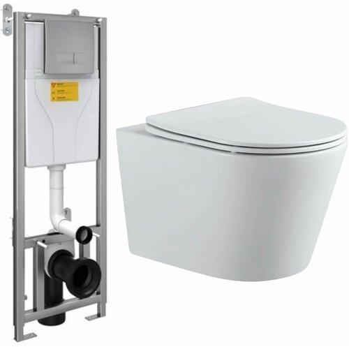 Готовый набор подвесного унитаза: инсталляция Sanica SAN85+P04 WHITE + унитаз подвесной, безободковый Aquanet Rimless Atago 2.0 W LX-1905