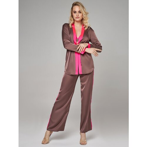 фото Пижама alza, брюки, рубашка, длинный рукав, пояс на резинке, без карманов, пояс, размер 40, розовый, коричневый