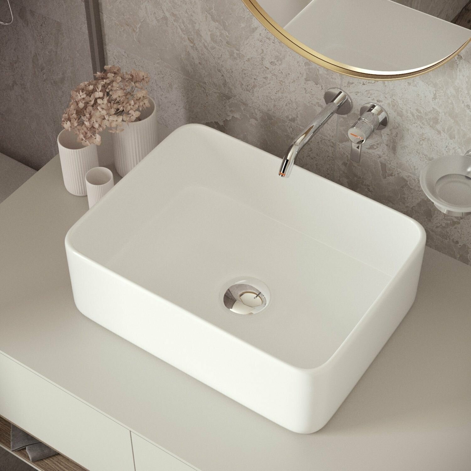 Накладная раковина в ванную Helmken 67440000: умывальник прямоугольный из фарфора 40 см, белый цвет, гарантия 25 лет