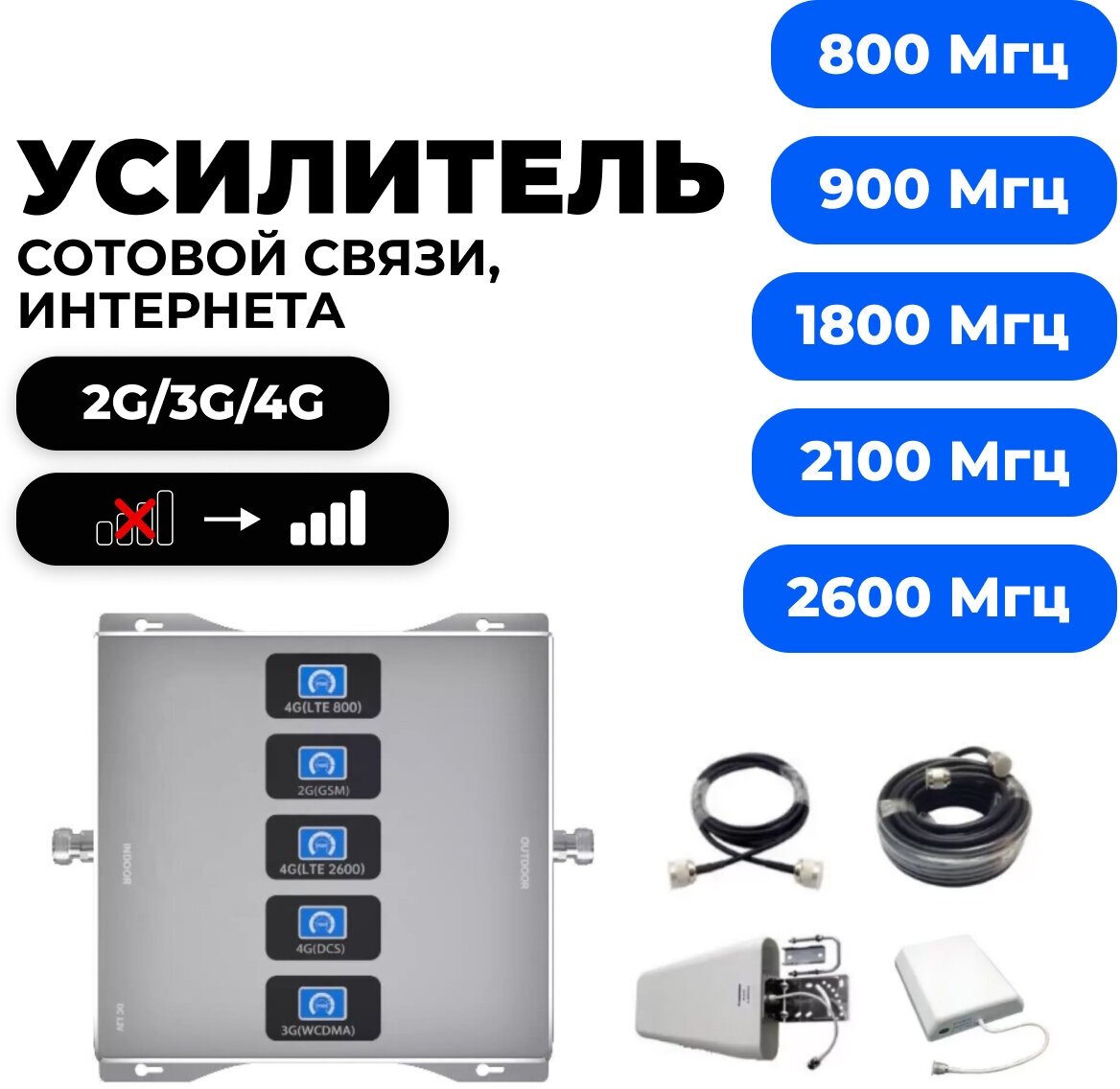 Усилитель сигнала сотовой связи GSM/3G/4G - Комплект Telestone 800/900/1800/2100/2600 МГц