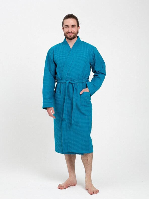 Халат купальный Lilians, мужской, вафельный, серо-синий, размер 58 - фотография № 1