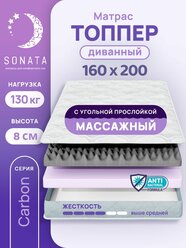 Топпер матрас 160х200 см SONATA, ортопедический, беспружинный, двуспальный, тонкий матрац для дивана, кровати, высота 8 см с массажным эффектом
