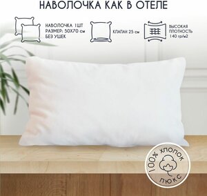 Фото Наволочка HORECA на подушку 50х70 1 шт сатин, белая отельная, монохром для комплекта постельного белья отеля