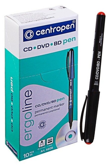Mаркер для CD/DVD 2.5 мм Centropen 4606, линия 1 мм, цвет красный(10 шт.)