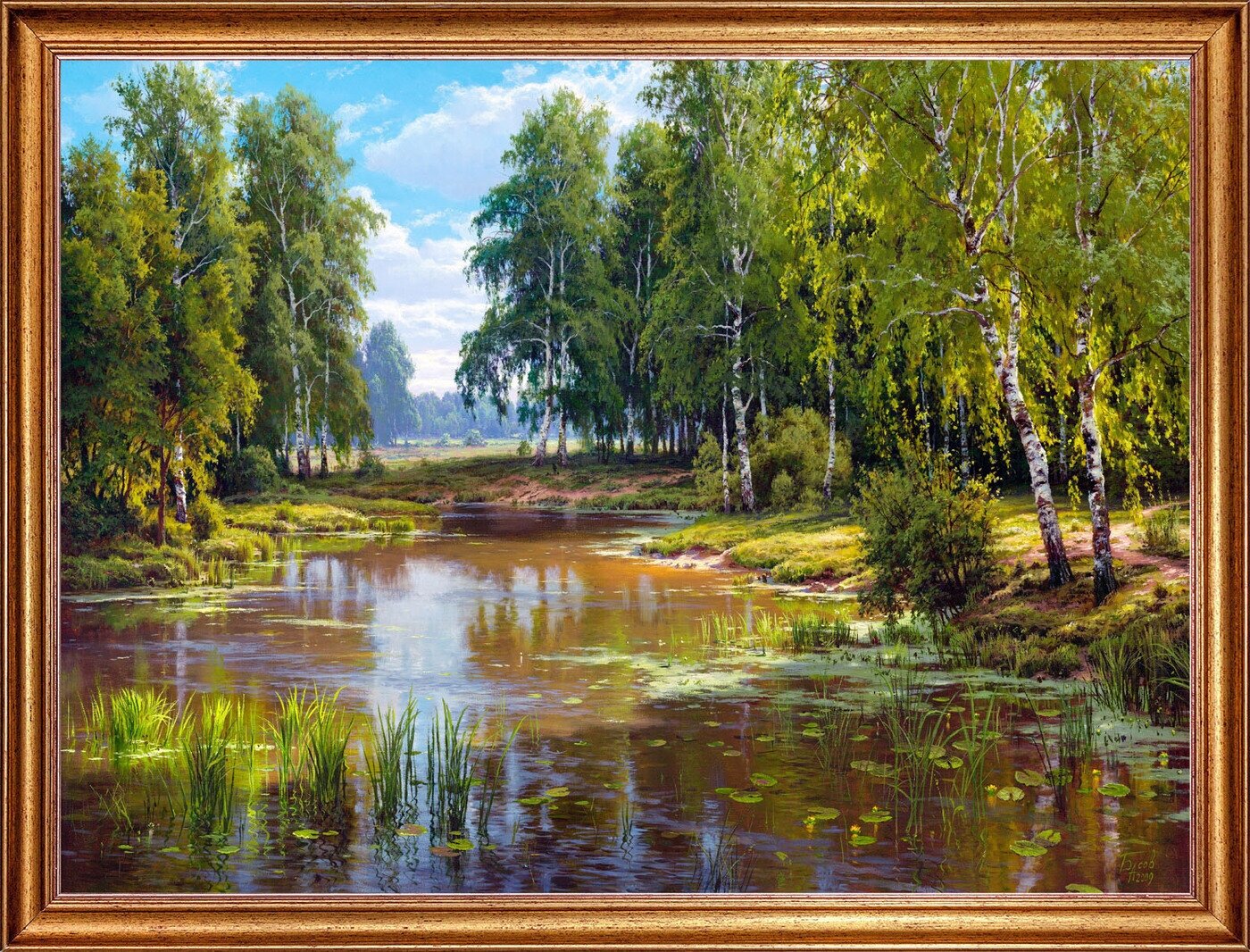 Картина холсте, "Заросший пруд", 80х60 см, художник - Басов Сергей. Холст на деревянном подрамнике, оформлена в багет, Арт. БС-х29