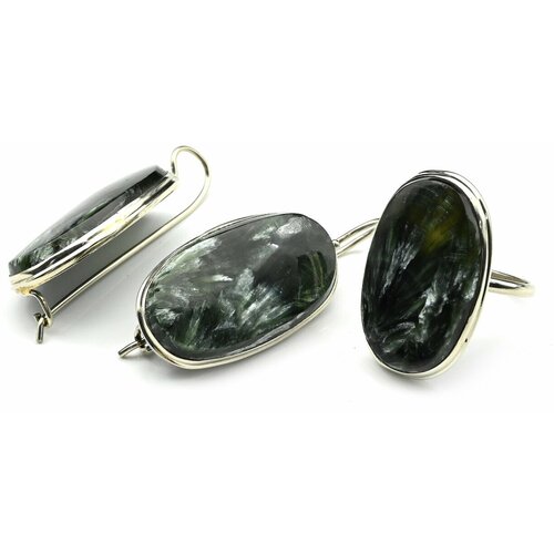 Комплект бижутерии: кольцо, серьги, серафинит, размер кольца 19, зеленый