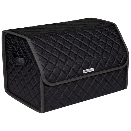 фото Сумка-органайзер в багажник автомобиля из перфорированной экокожи черная с черной нитью vicecar с логотипом mini (темно-серый кант)