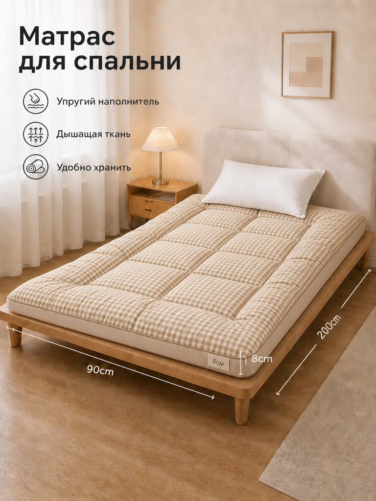 Складной матрас для сна из хлопка и сои, 200x90 см, толщина 8 см, цвет коричневая клетка