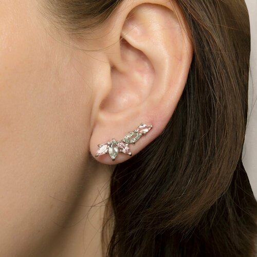 Серьги клаймберы CORDE Серебряные серьги-клаймберы с натуральными мультитурмалинами., серебро, 925 проба, родирование, турмалин, размер 8 мм, длина 2.5 см, розовый, бесцветный