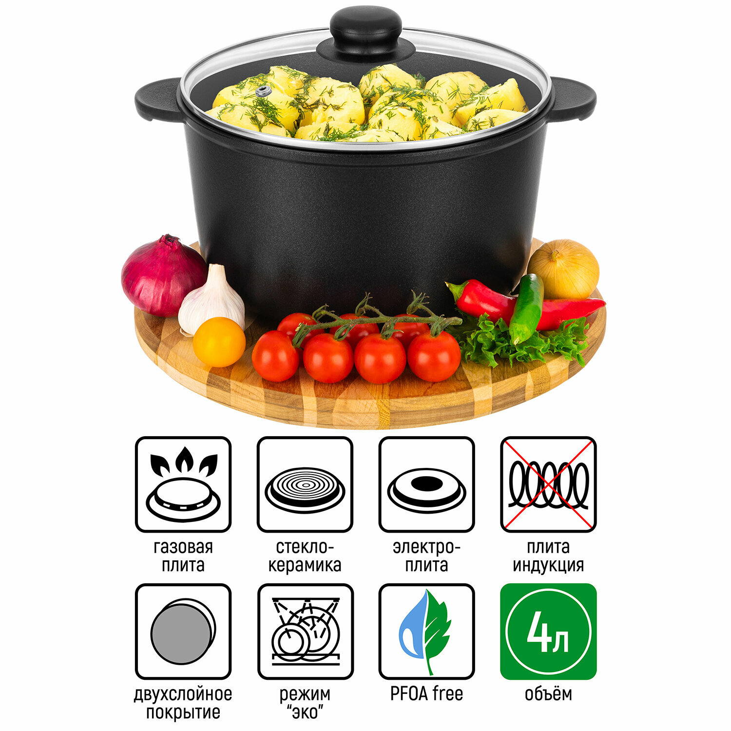 Кастрюля 4 л Elan Gallery гармония вкуса Черный Оникс с крышкой D22