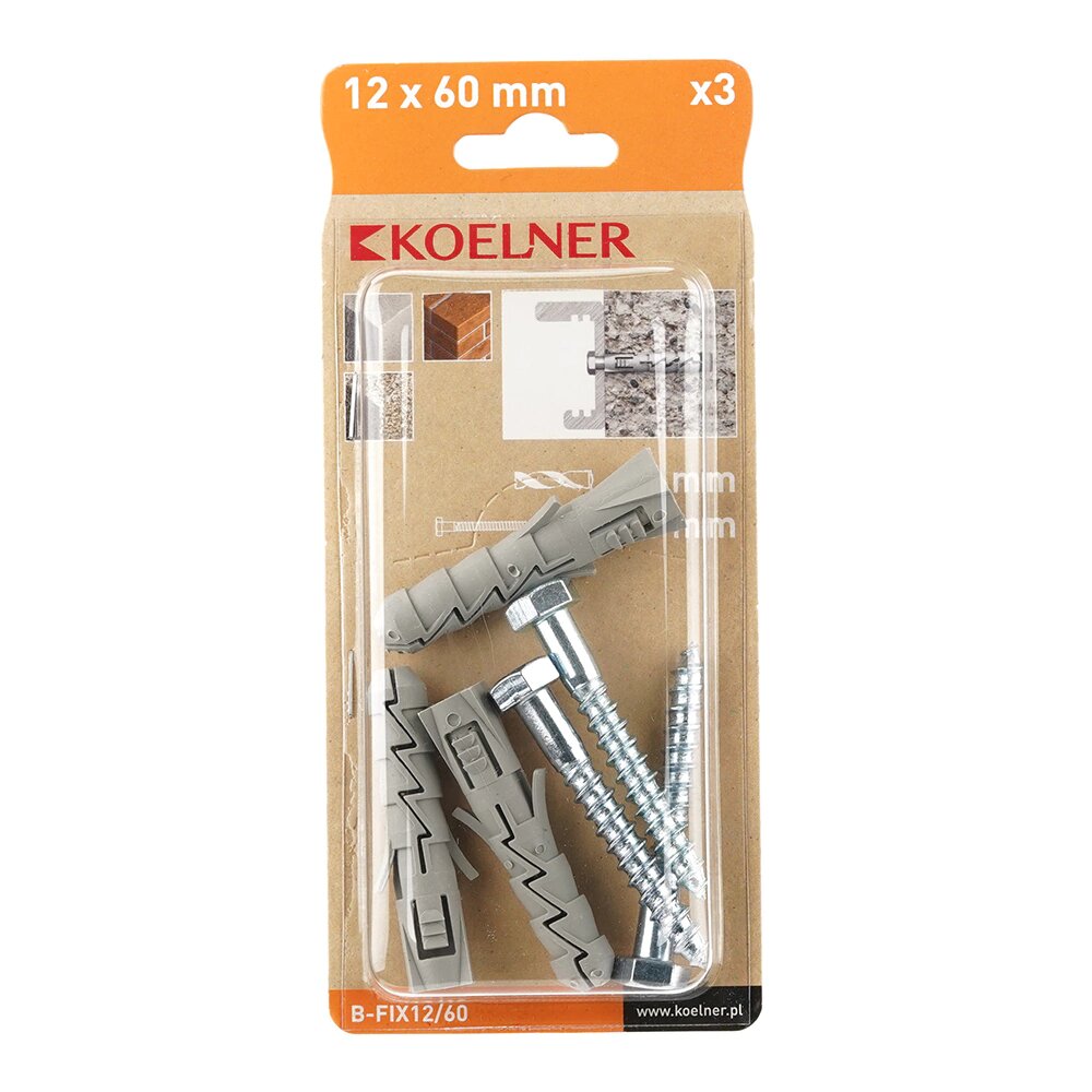 Дюбели Дюбель распорный KOELNER 12х60 мм с шурупом 8х60 мм 3 шт