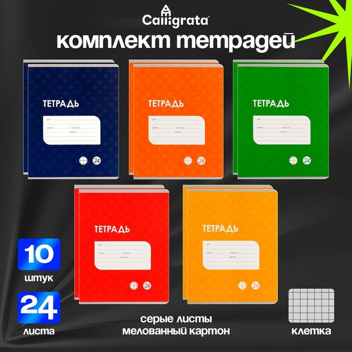 Набор тетрадей 24 листа в клетку Calligrata "Однотонная Классика точку. Эконом", серые листы, 10 шт.