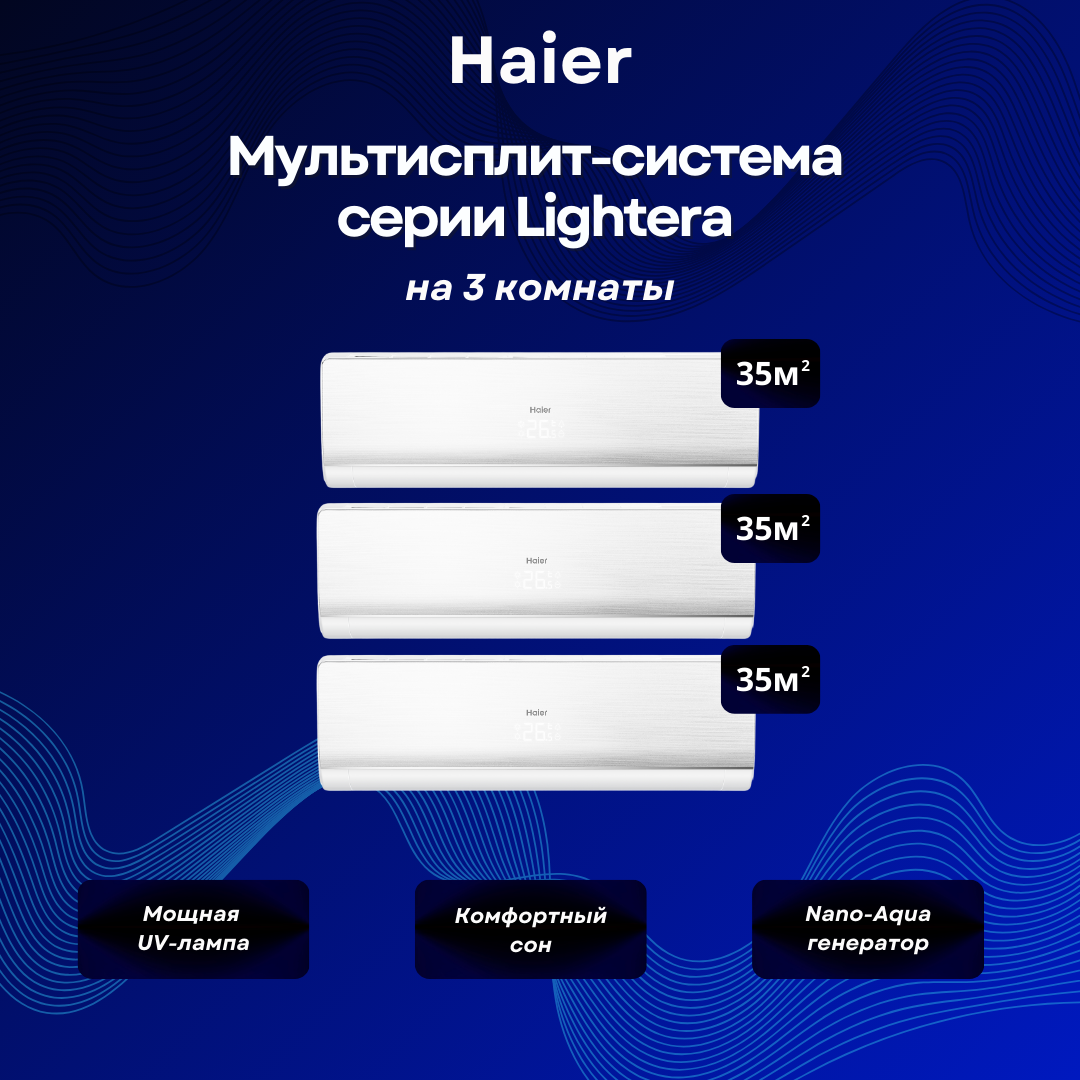 Мультисплит-система Haier Lightera 3 х AS12NS6ERA-W / 3U70S2SR5FA на 3 комнаты 35+35+35 м²