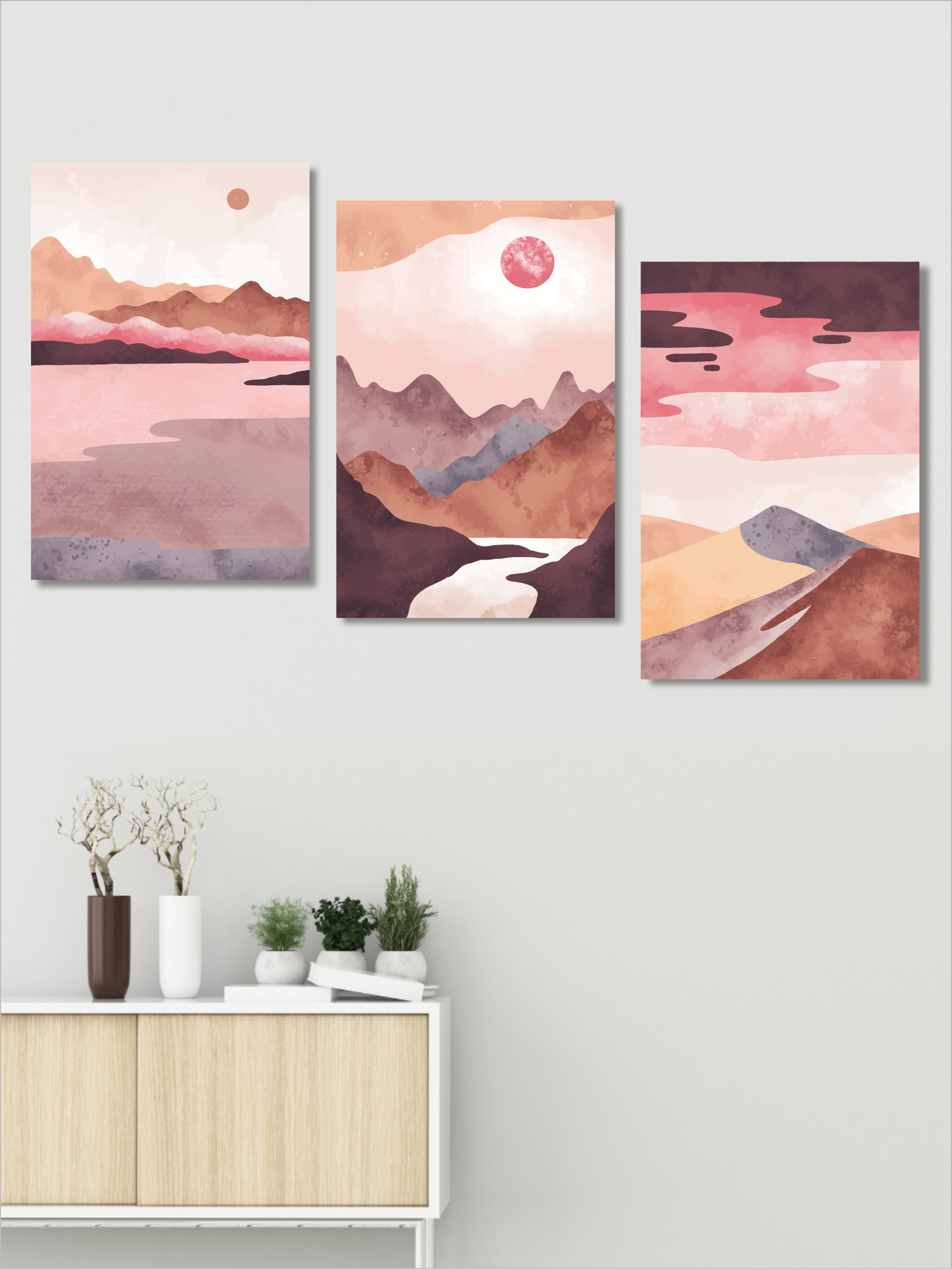 Модульная картина для интерьера на стену Розовый горный пейзаж 40х60 см - 3 штуки на холсте на подрамнике