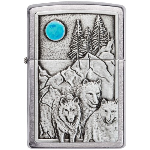 Оригинальная бензиновая зажигалка ZIPPO Classic 49295 Wolf Design с покрытием Brushed Chrome - Волчья стая и Луна зажигалка zippo brushed brass 1941b и оригинальное топливо zippo premium 125 мл