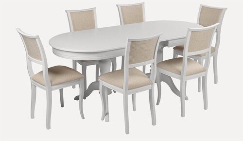 Изображение товара Обеденная группа стол раскладной Арей 160(210) х 90 см, Белый и 6 стульев Камир Белый/Кремовая рогожка