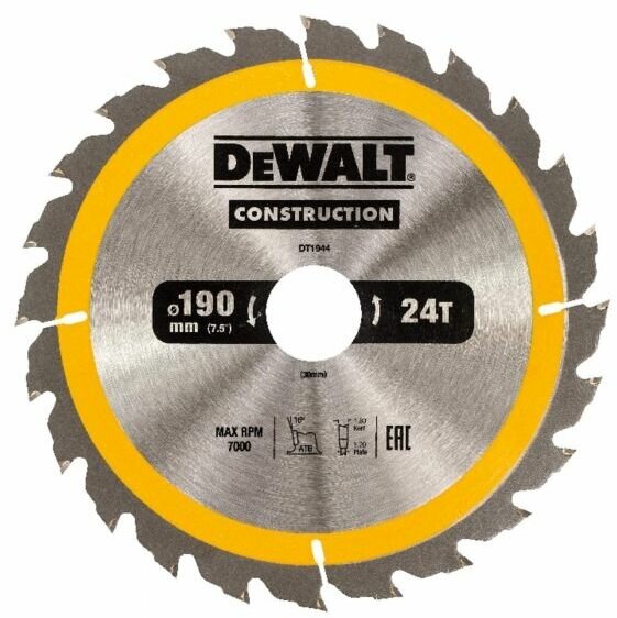 Пильный диск DEWALT CONSTRUCT DT1944, 190/30 мм.