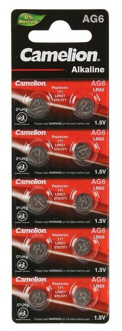 Батарейка алкалиновая Camelion Mercury Free, AG6 (371, LR921)-10BL, 1.5В, блистер, 10 шт. - фотография № 1