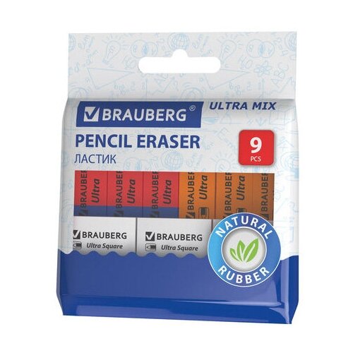 Купить Ластики BRAUBERG Ultra Mix 9 шт., размер ластика 41х14х8 мм/29х18х8 мм, натуральный каучук, 229604 - 2 уп.
