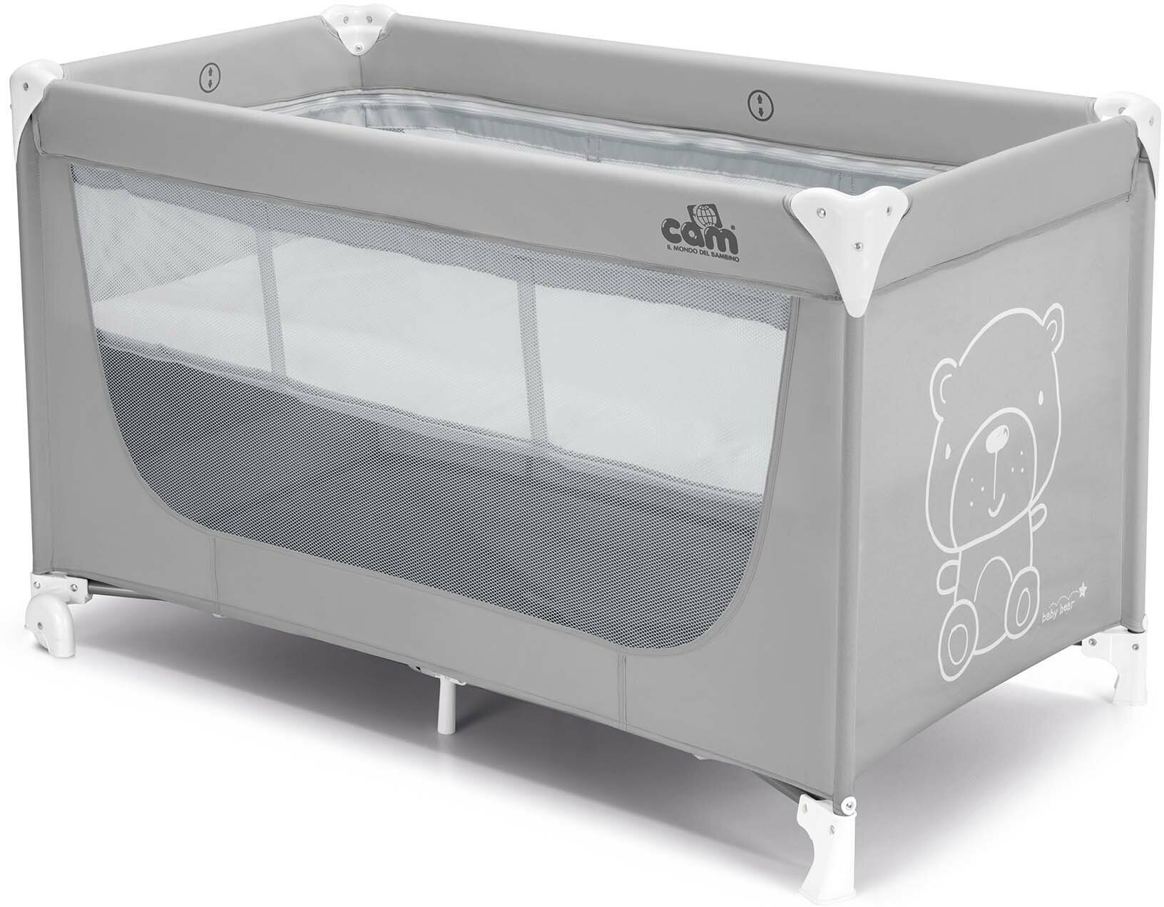Манеж-кроватка Cam Pisolino с медвежонком, складной, 124.5х71х75 см, двухуровневый, боковой карман для хранения, 2 колеса