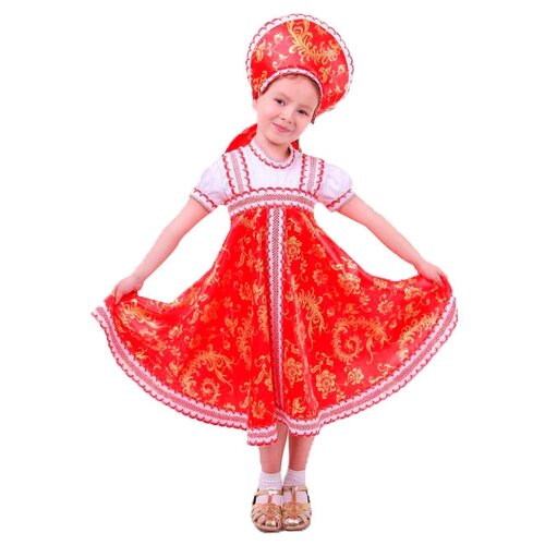 Русский народный костюм для девочки с кокошником, красно-бежевые узоры, размер 64, рост 122-128 см школьная форма для девочки шерстяной сарафан с карманами утепленное платье для школы в красно серую клетку р р 32 7 8 лет