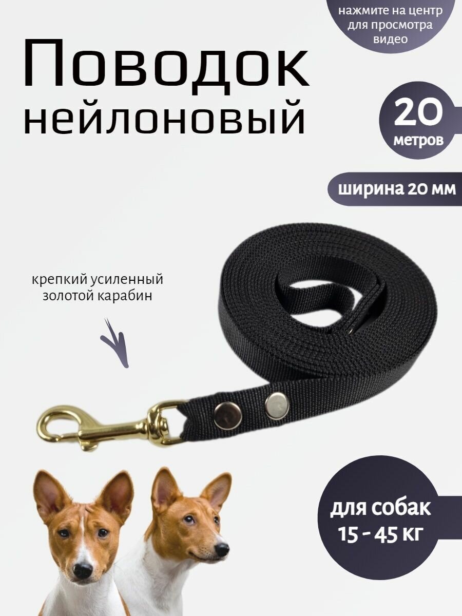Поводок для собак с золотым карабином нейлон 20 м х 20 мм