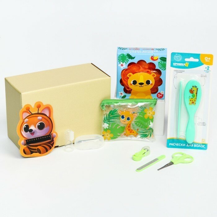 фото Крошка Я Подарочный набор «Африка» 7 в 1: набор расчесок, мочалка, термометр для ванны, маникорный набор: ножнички, пилочка, кусачки, зубная щетка на палец в контейнере