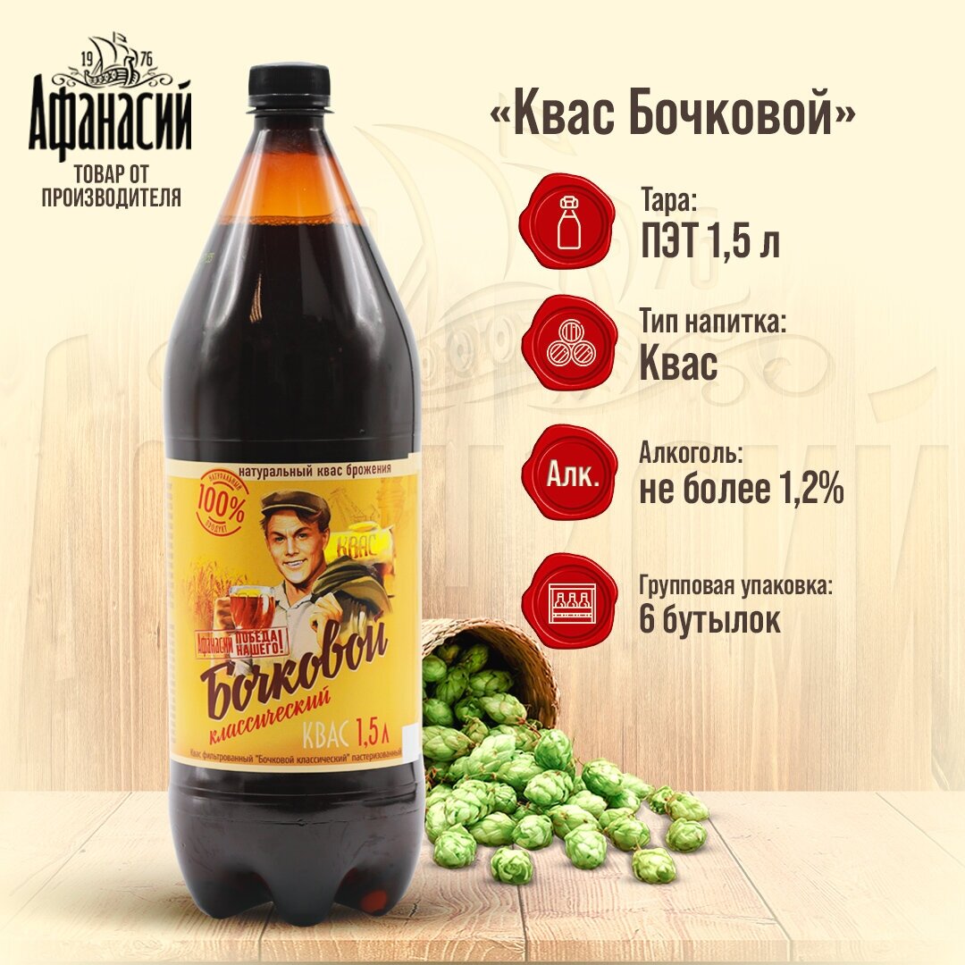 Квас Афанасий Бочковой классический, 1.5 л, 6 шт.