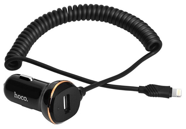Автомобильное зарядное устройство Hoco Z14 Black USB-порт 3.1А + встроеный витой кабель Lightning - чёрный