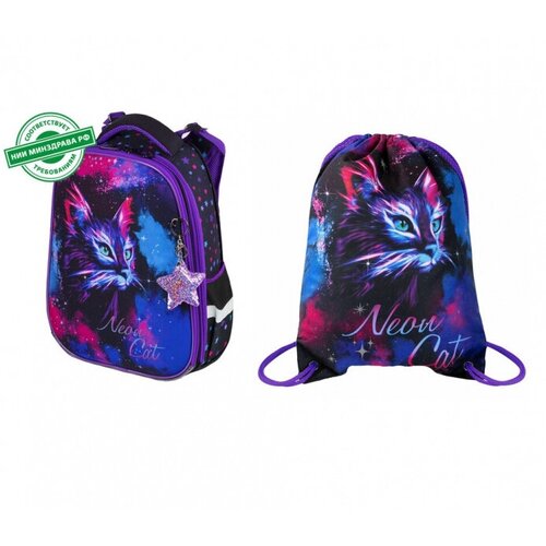 фото Ранец brauberg premium, 2 отделения, с брелком, "neon cat" + мешок для обуви море рюкзаков
