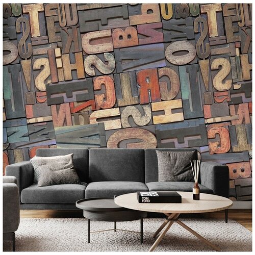Фотообои 3D Деревянные буквы в интерьере 300х270 ШхВ Фотообои 3D на стену флизелиновые 300х270 Фотообои в гостиную спальню зал кухню комнату подростка с буквами объемными Обои виниловые на флизелиновой основе в стиле лофт 7250₽