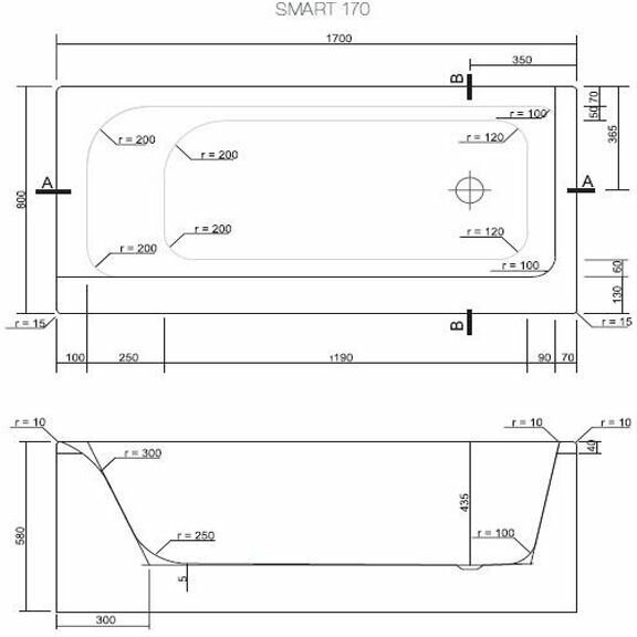 Ванна Cersanit SMART 170x80см правая белый (P-WP-SMART*170-RNL)