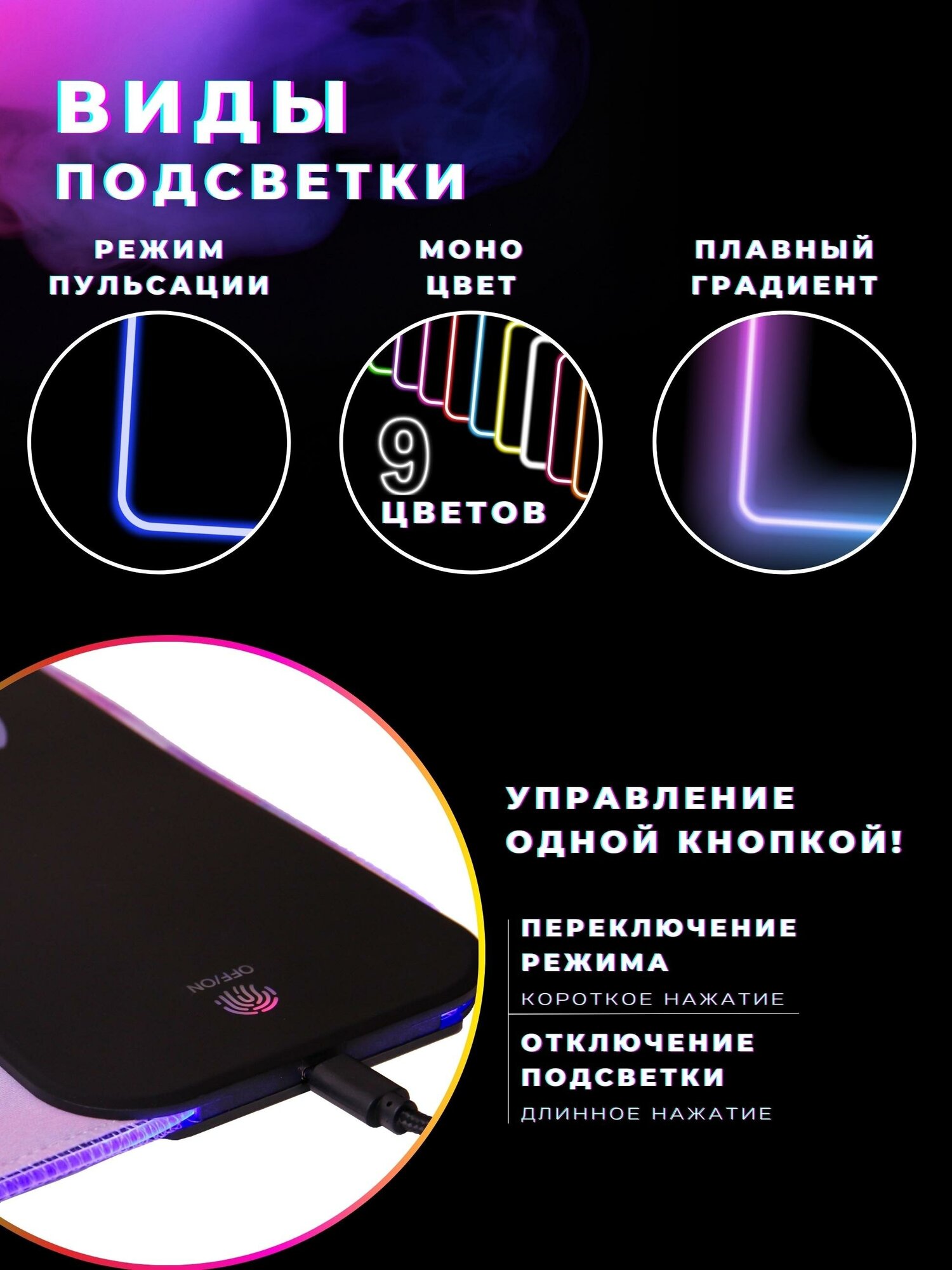 Коврик для мыши с подсветкой цветной RGB 80*30 беспроводная зарядка