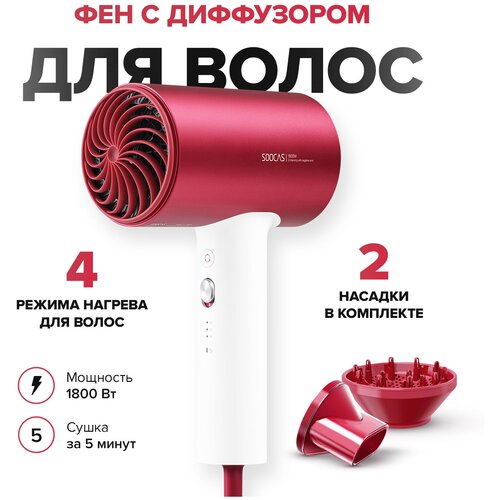 Супер Фен1800 WНовые технологииДля волосС насадкамиКрасный 399900₽