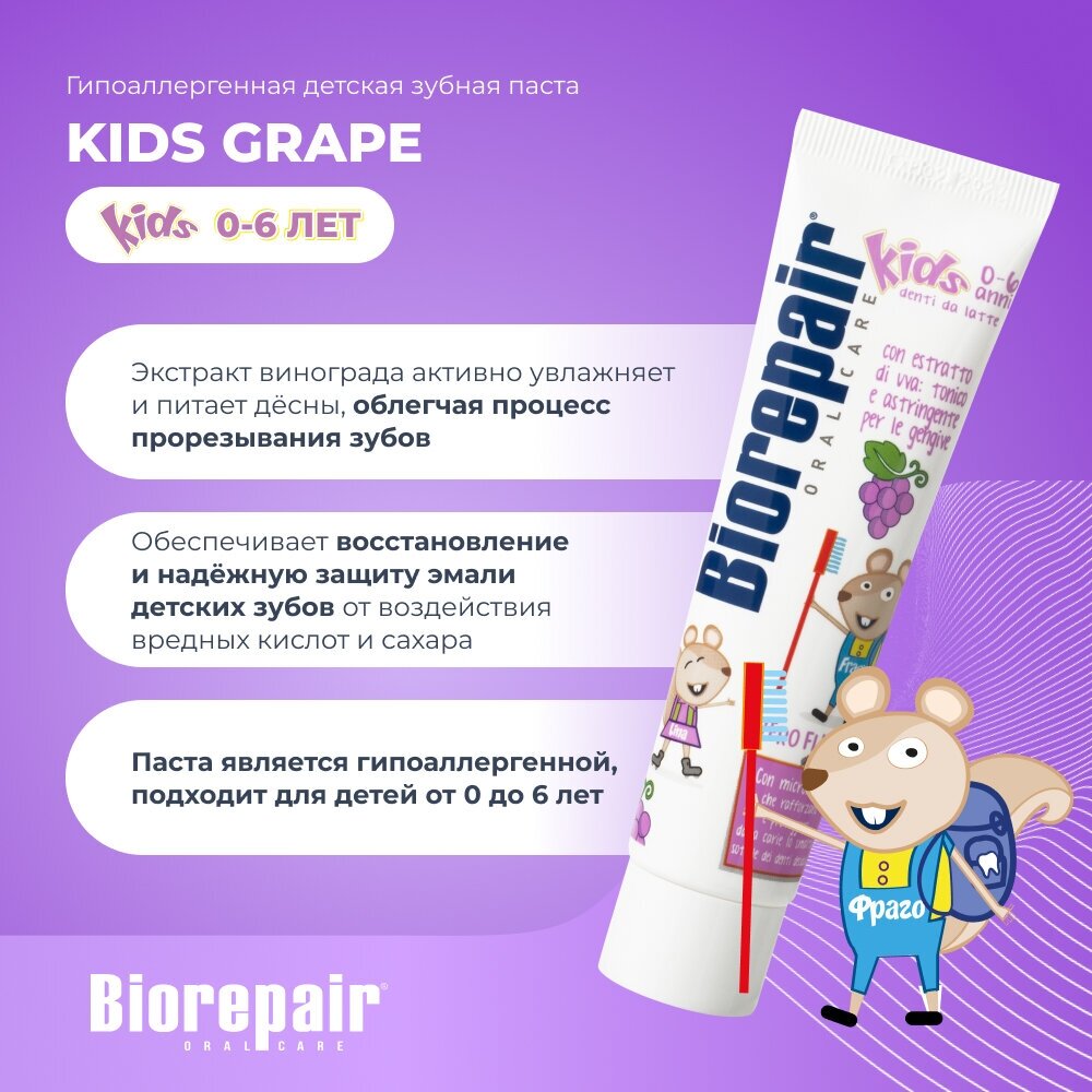 Зубная паста Biorepair® Kids со вкусом винограда для детей от 0 до 6 лет, 50 мл