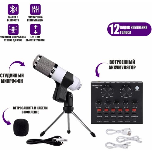 Звуковая карта микшер V8-W с белым микрофоном BM-800 на настольной треноге и держателем прищепкой в коробке 283000₽