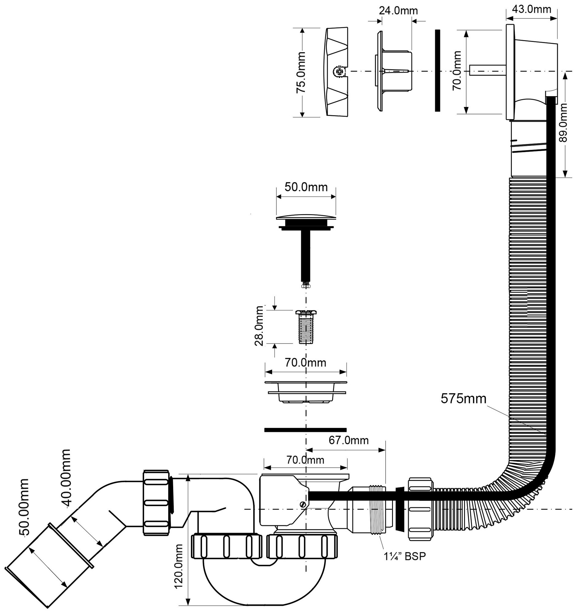 Слив-перелив Mcalpine MRB2CB-PB, L=575 х 34 мм, слив 70 мм, выход 40/50 мм