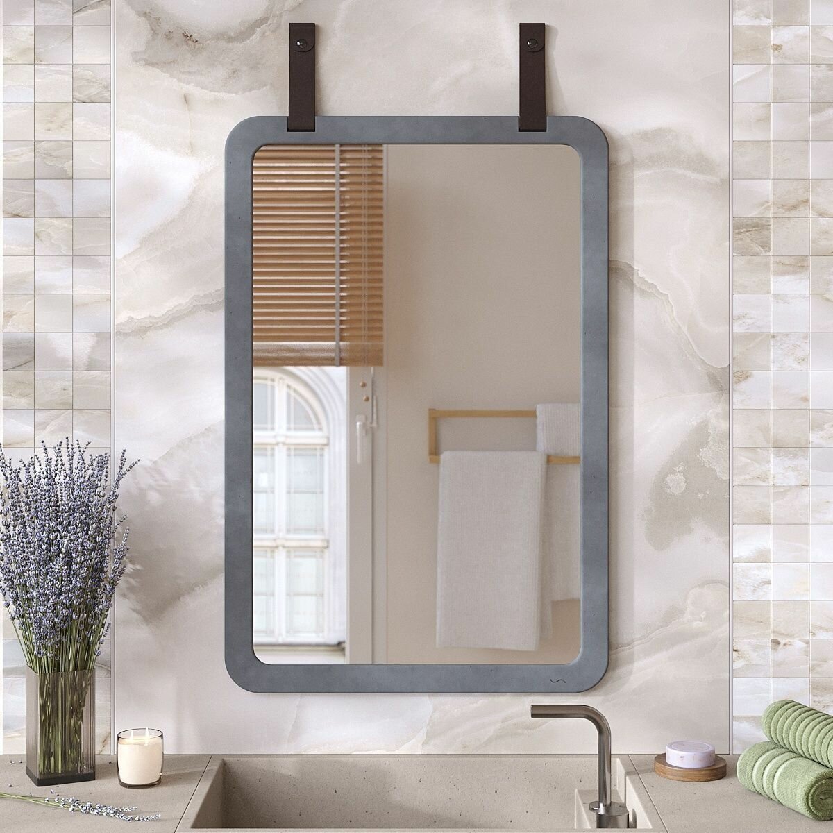 Зеркало для ванной Aura Long L настенное прямоугольное, на кожаных ремнях 60x90 см, бетон, графитовое матовое - фотография № 1