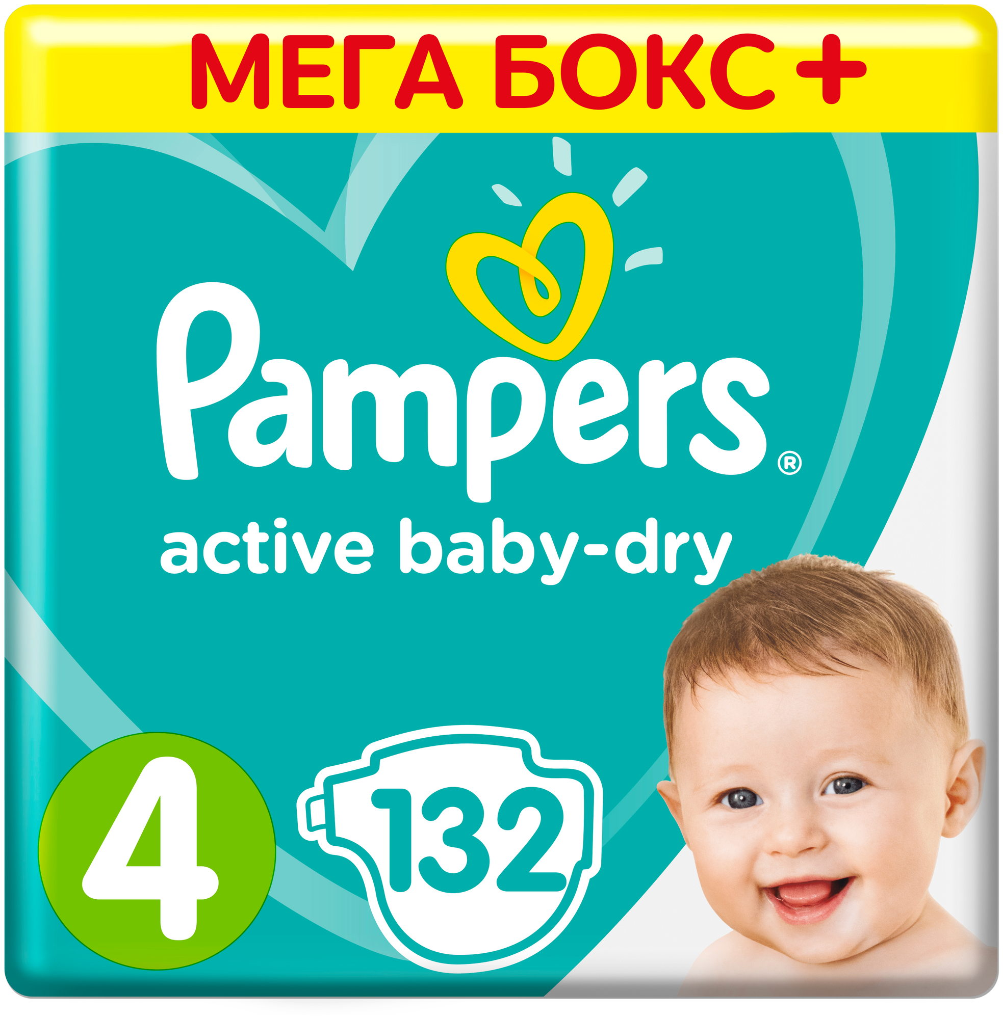 Подгузники Pampers Active Baby-Dry 9–14 кг, размер 4, 132шт.