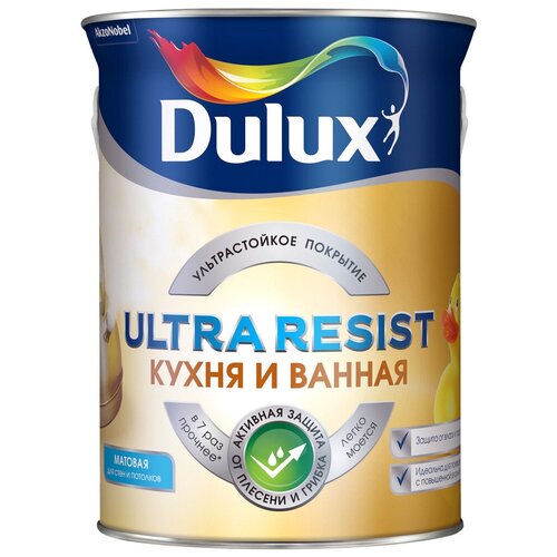 Краска латексная Dulux Ultra Resist Кухня и ванная матовая бесцветный 0.9 л 1.25 кг краска латексная dulux ultra resist кухня и ванная для детской влагостойкая моющаяся матовая белый 1 л 1 54 кг