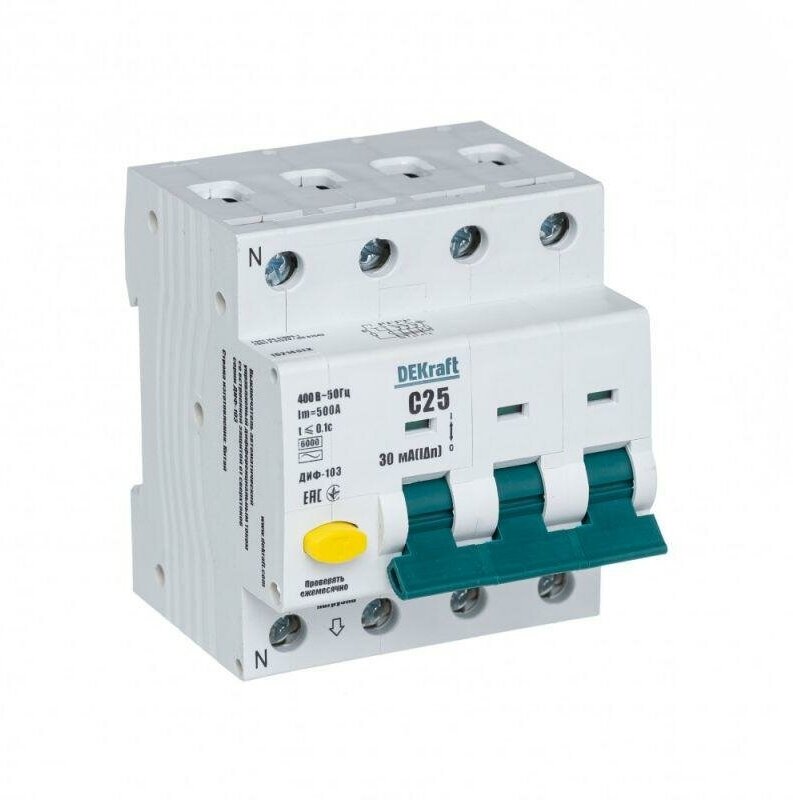 Выключатель автоматический дифференциального тока 4п (3P+N) C 25А 30мА тип AC 6кА ДИФ-103 | код.16214DEK | DEKraft (2шт. в упак.)