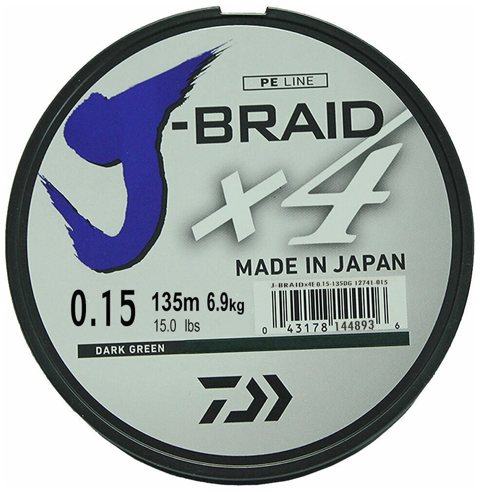 Шнур плетеный Daiwa J-Braid х4 135 m (зеленый) 0.15 mm/ 6.9 kg