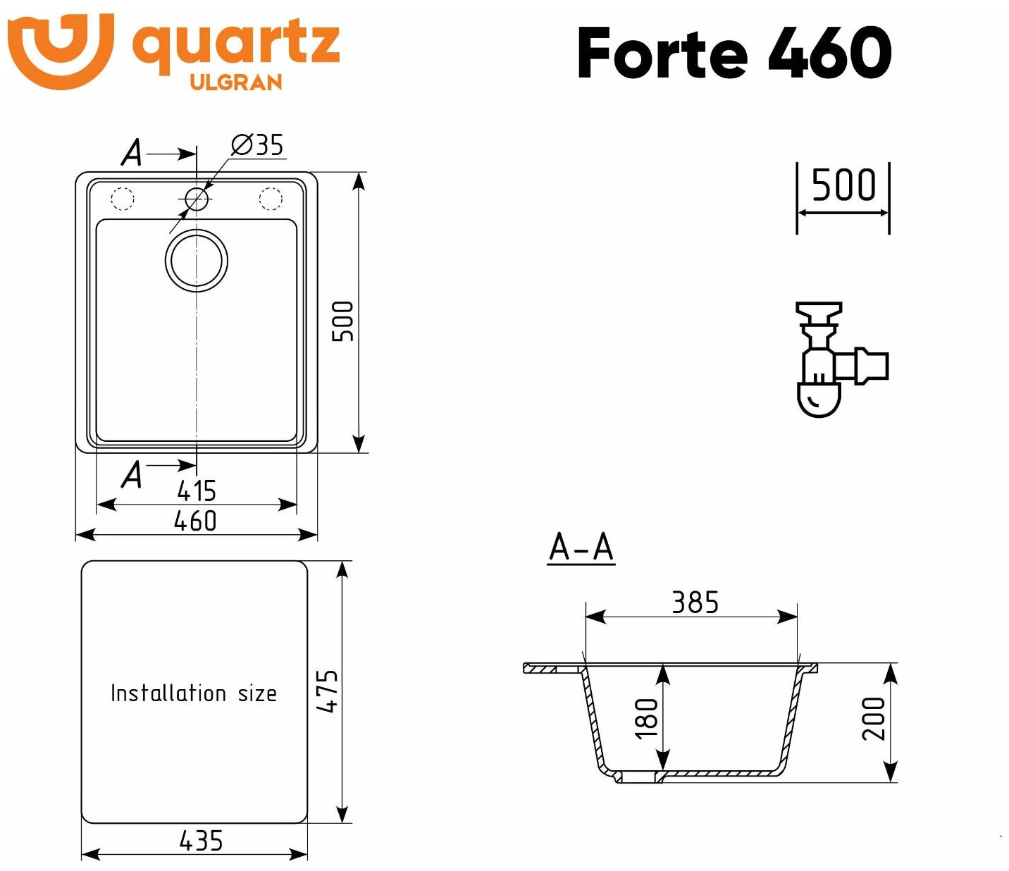 Мойка для кухни кварцевая Ulgran Quartz Forte 460 (07, уголь) - фотография № 2