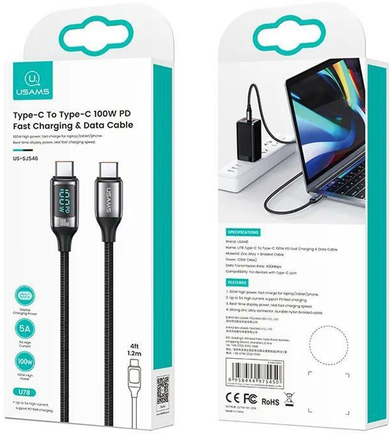 Дата-Кабель USAMS US-SJ546 U78 Type-C - Type-C, PD 100W, 5А, LED дисплей, нейлоновая оплетка, черный(SJ546USB01) - фото №3