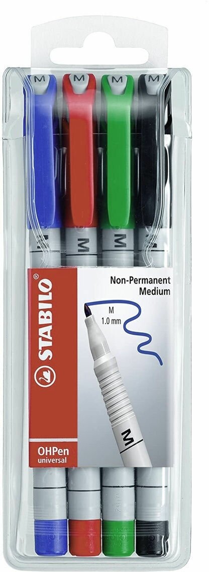 Набор маркерных ручек STABILO OHPen UNIVERSAL 1,0мм, 4 шт/уп, цвет чернил: синий, черный, красный, зеленый, растворимые чернила
