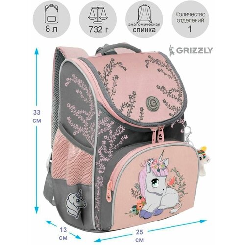 Школьный ранец с ортопедической спинкой GRIZZLY RAm-384-5 розовый - серый с мешком для обуви, грудная стяжка, 732 грамм, 33x25x13см