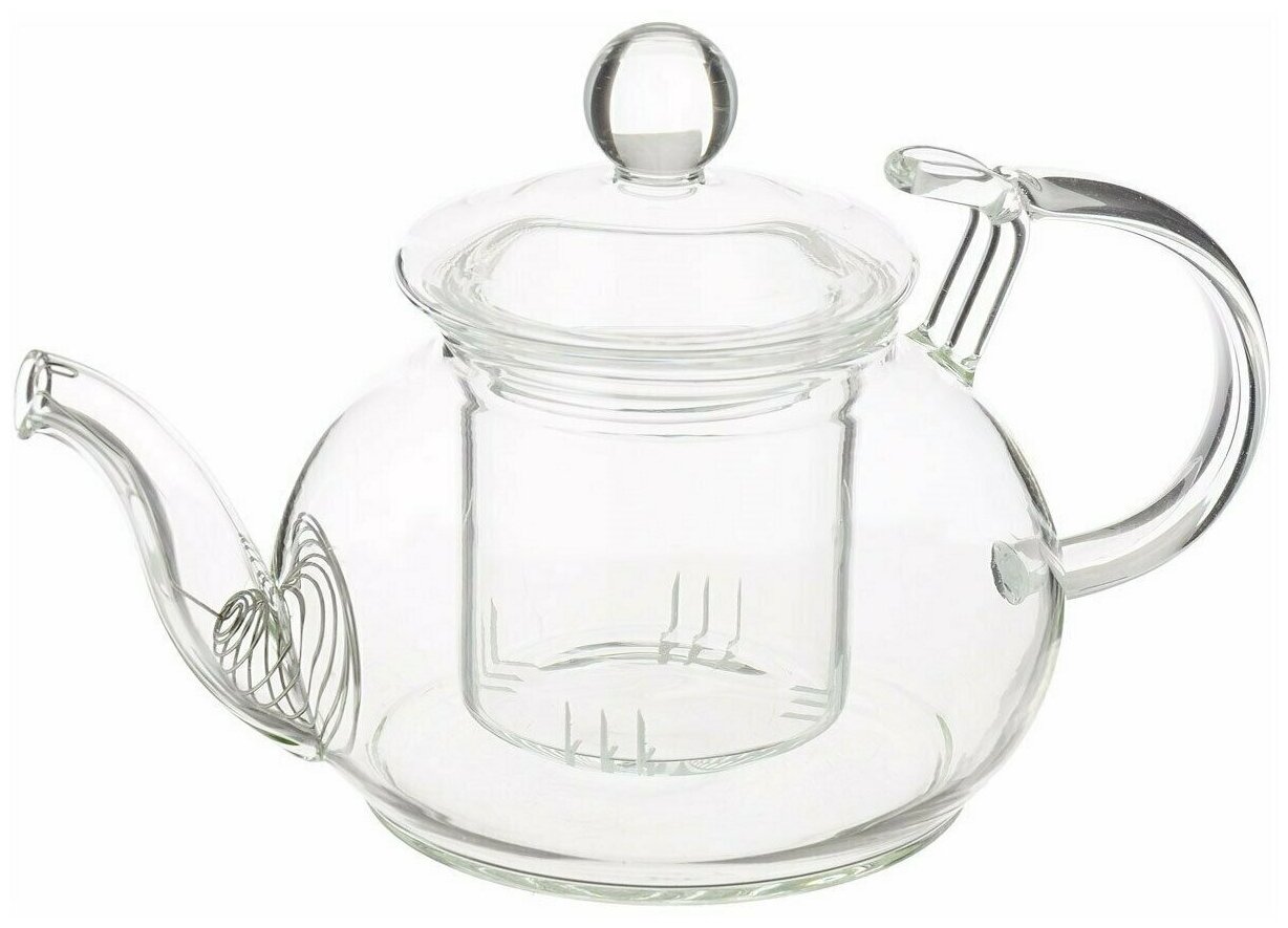 Заварочный чайник из жаропрочного стекла Розмарин с держателем для крышки, колбой и пружинкой-фильтром в носике, 450 мл, дно d90 мм