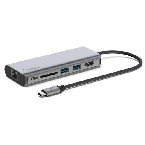 Адаптер BELKIN 6в1 USB-C - HDMI, 2xUSB A, USB C, SD, Ethernet port, 100Вт, серый (AVC008btSGY)