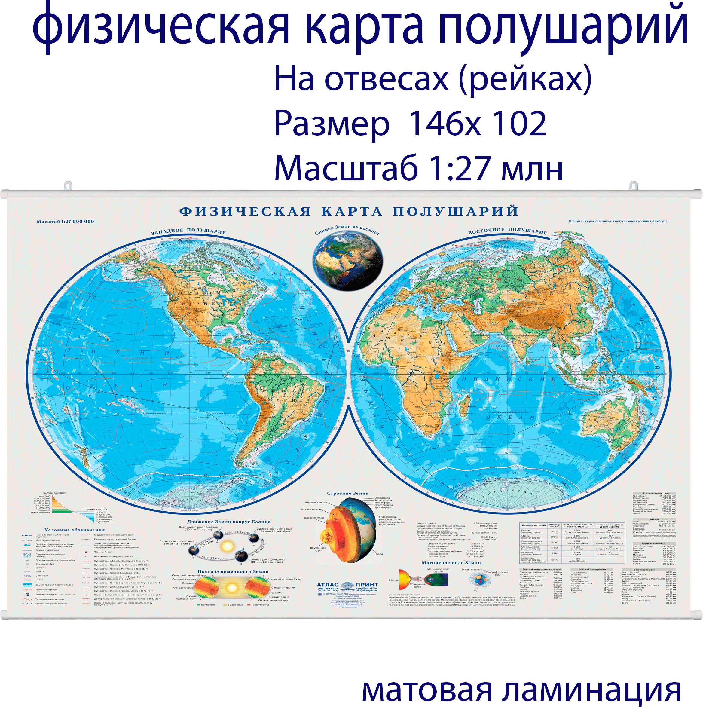 Атлас-принт Настенная физическая карта полушарий /размер 143х102/ на рейках